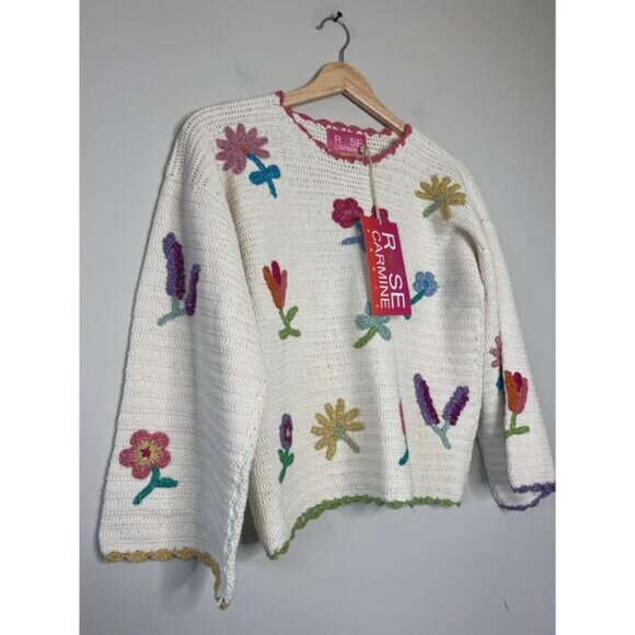 NWT Rose Carmine Sweater Bloom Scalloped Crochet Embroidered Top Cream Size: 2 - Picture 3 of 7